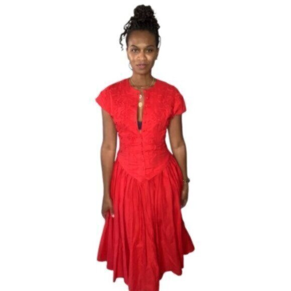 Allegra Red Vintage Midi/Maxi Cap Sleeve Dress - Picture 3 of 15